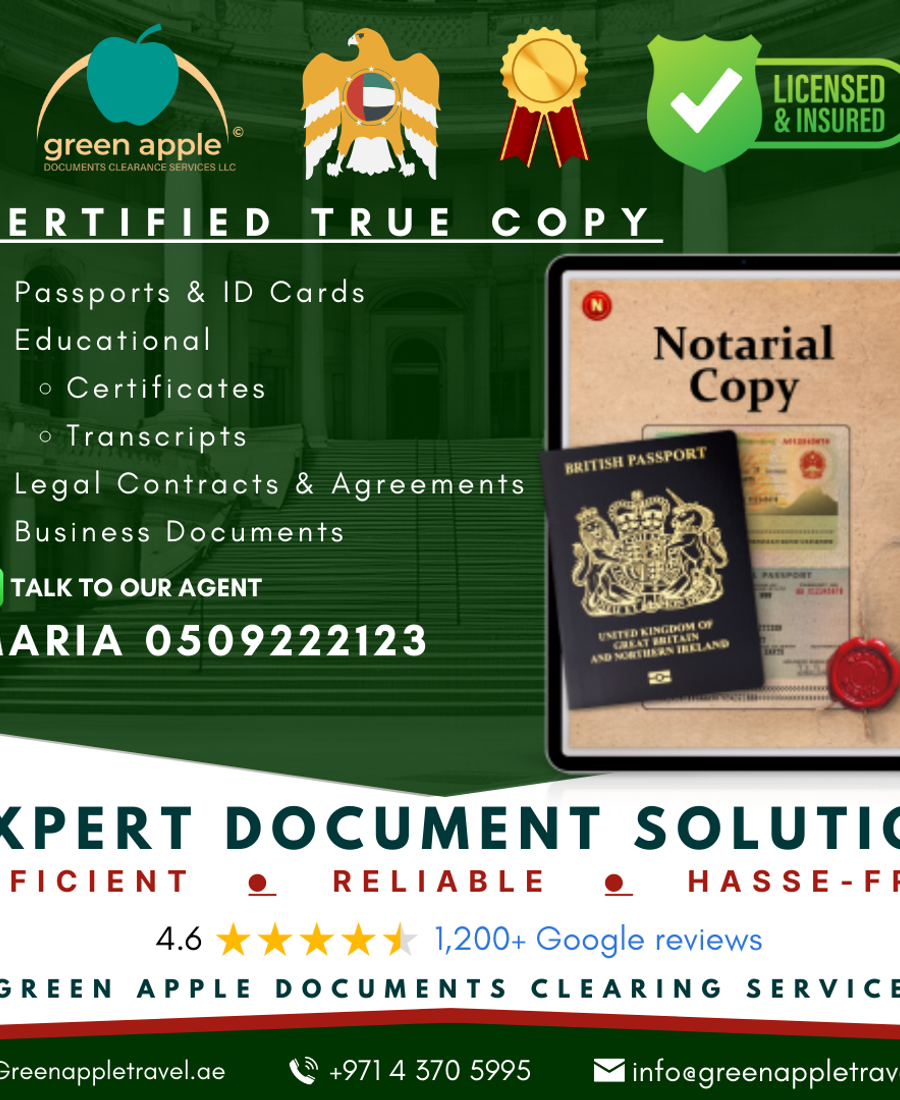 Certified True Copy Services in Dubai, UAE — Green Apple Travel & Tourism, Dubai