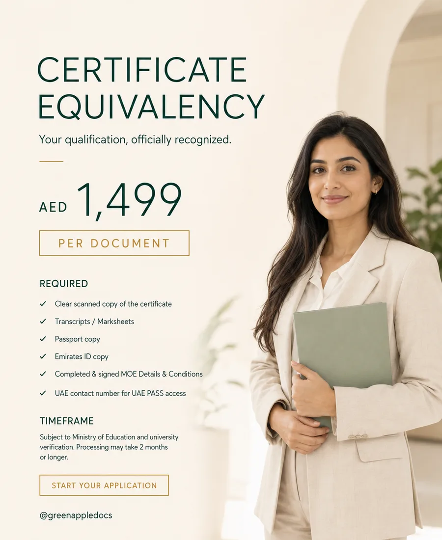 Certificate Equivalency UAE: MOE Degree Equivalency — Green Apple Travel & Tourism, Dubai