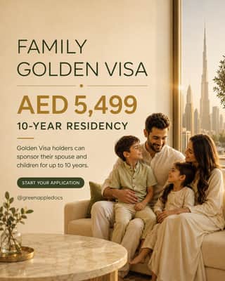 A family at home in Dubai with the city skyline behind them, illustrating UAE Golden Visa family sponsorship