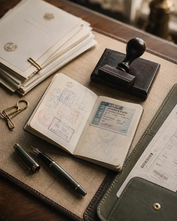 Passport, Schengen visa sticker and embassy ink stamp on a Dubai travel agent desk &mdash; visa services from Dubai by Green Apple Travel