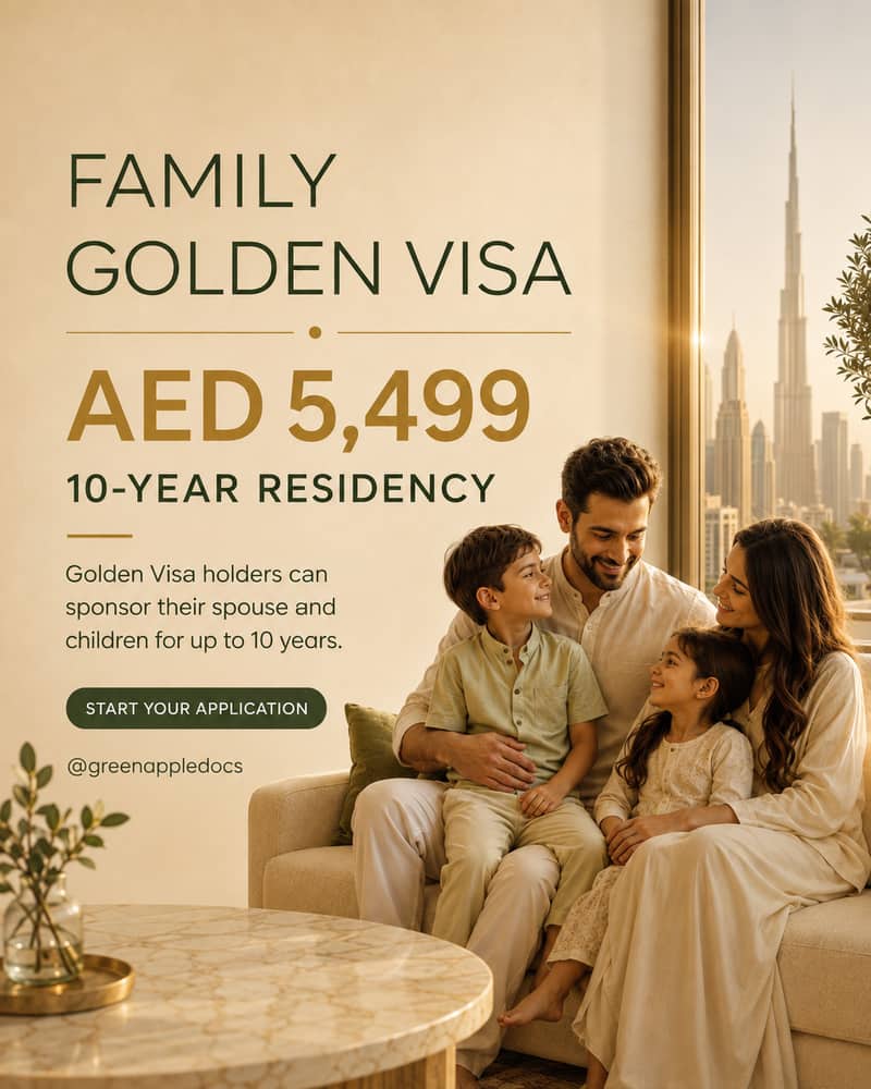 A family at home in Dubai with the city skyline behind them, illustrating UAE Golden Visa family sponsorship